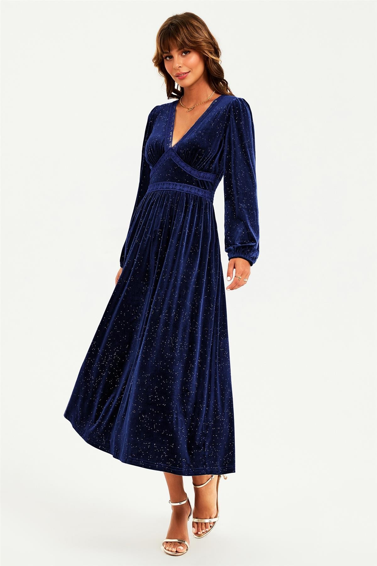 Silver Foil Velvet Lace Trim Neckline Midi Dress In Navy