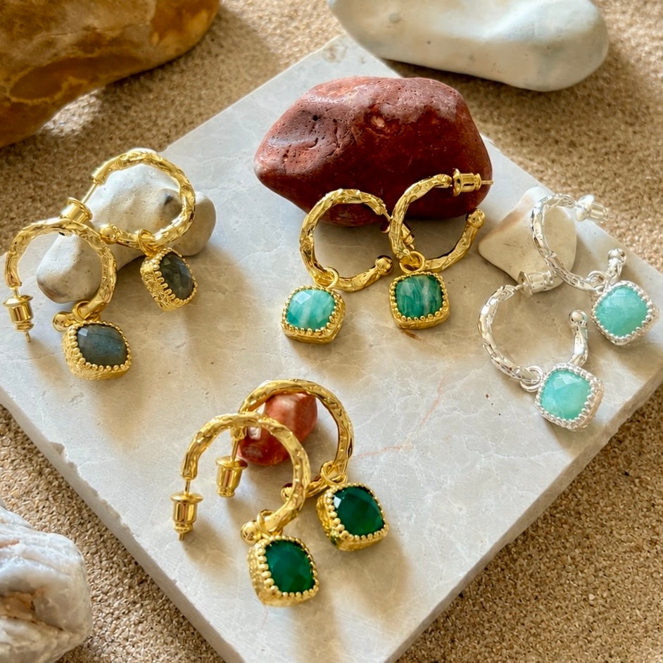 Tetra Square Gemtone Charm Hoops: Green Onyx