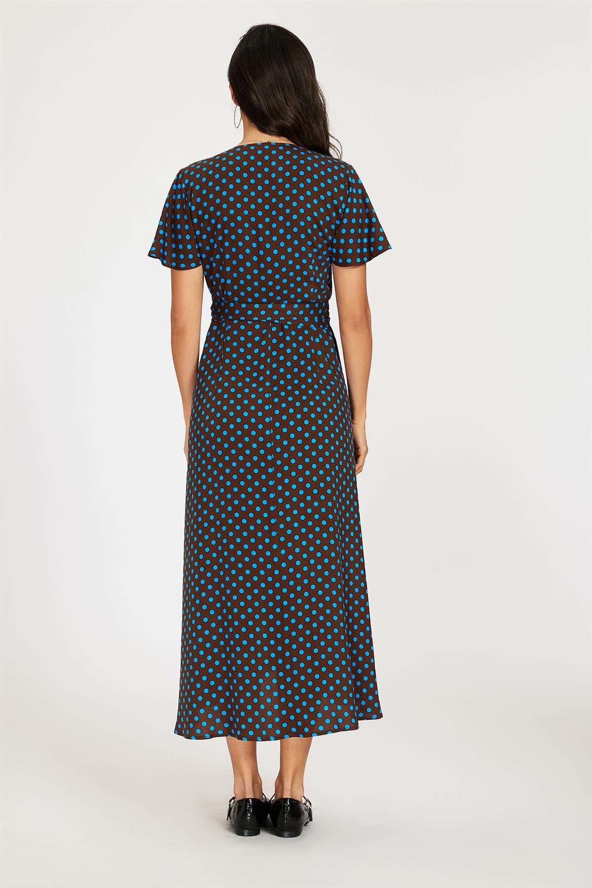 Brown & Blue Polka Dot Print Wrap Maxi Dress