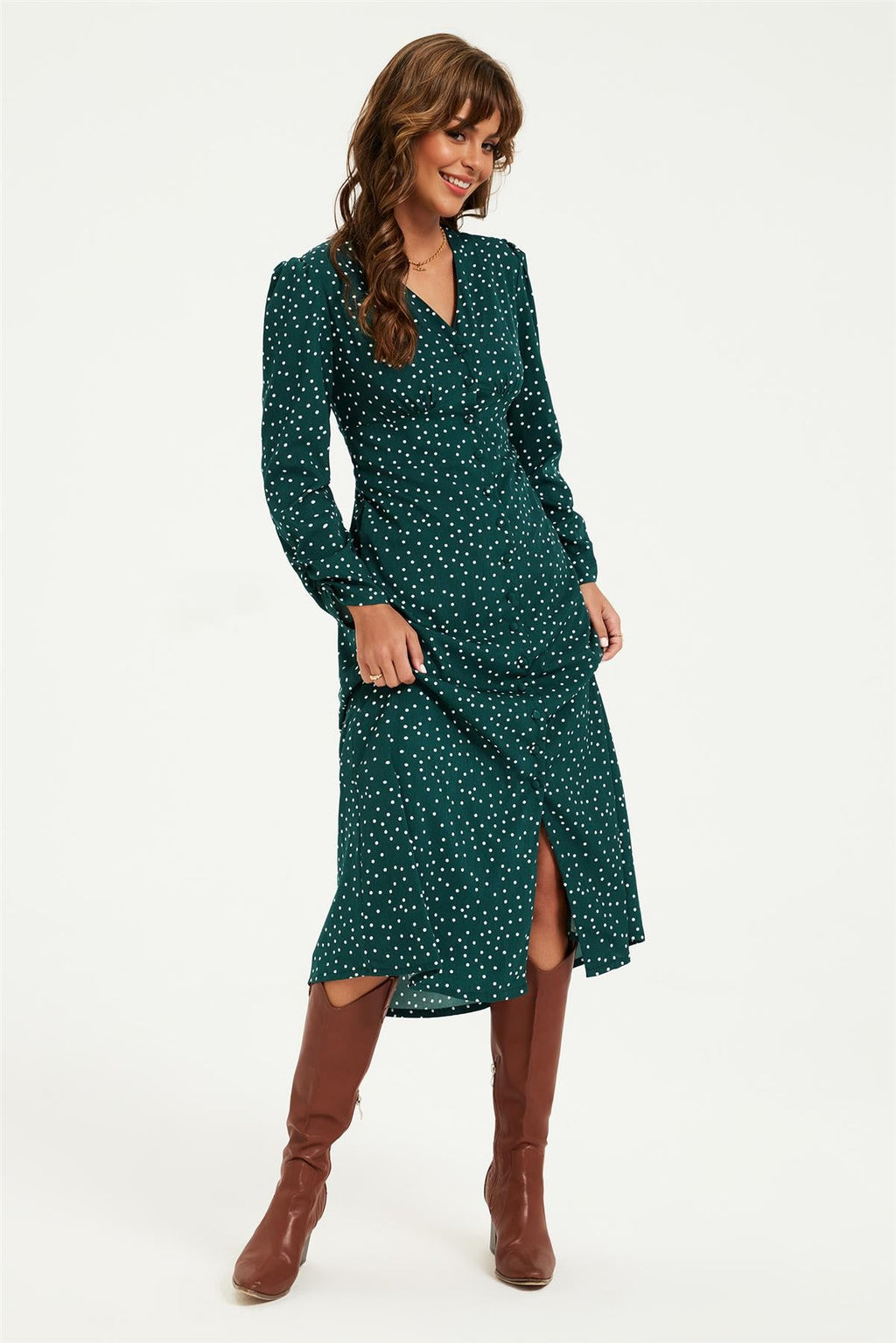 Dot Print Long Sleeve Button Front Midi Dress In Green