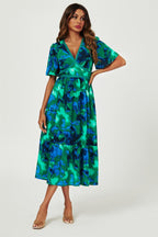 Abstract Floral Print Lace Detail Angel Sleeve Maxi Dress In Green