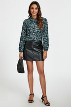Bird & Floral Print Frill Detail High Neck Top In Green