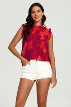 Abstract Print Frill Trim Sleeve Frill Neck Blouse Top In Red