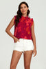 Abstract Print Frill Trim Sleeve Frill Neck Blouse Top In Red