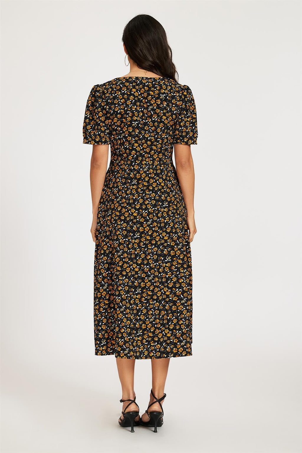 Floral Print Button Front Puff Sleeve Midi Dress In Black