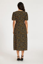 Floral Print Button Front Puff Sleeve Midi Dress In Black