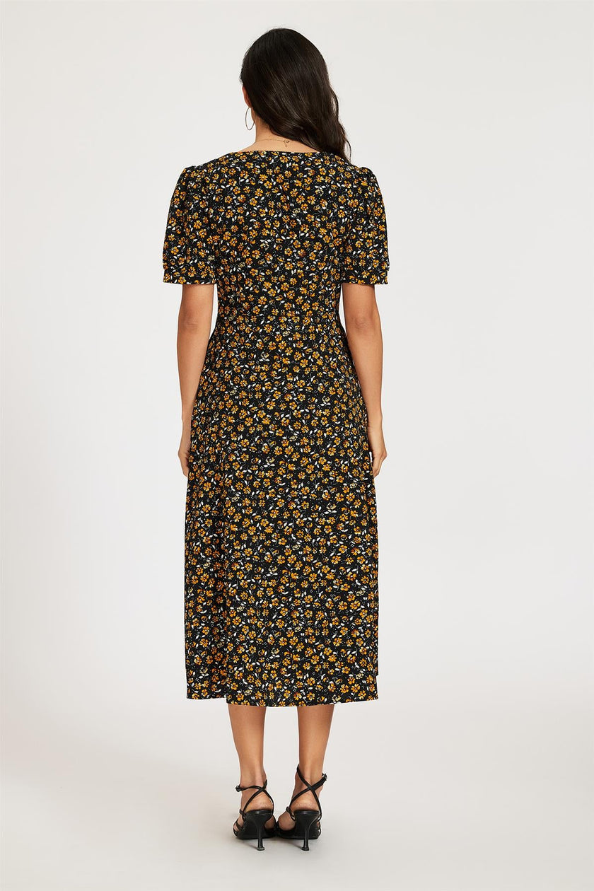Floral Print Button Front Puff Sleeve Midi Dress In Black