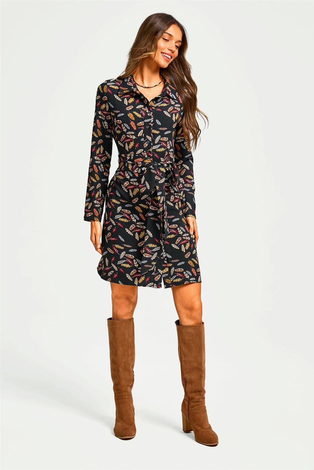 Leaf Print Tie Front Mini Shirt Dress In Black