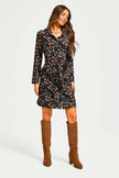 Leaf Print Tie Front Mini Shirt Dress In Black