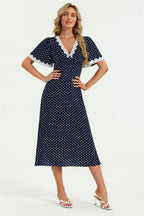 Lace Trim Dot Print Midi Dress In Navy
