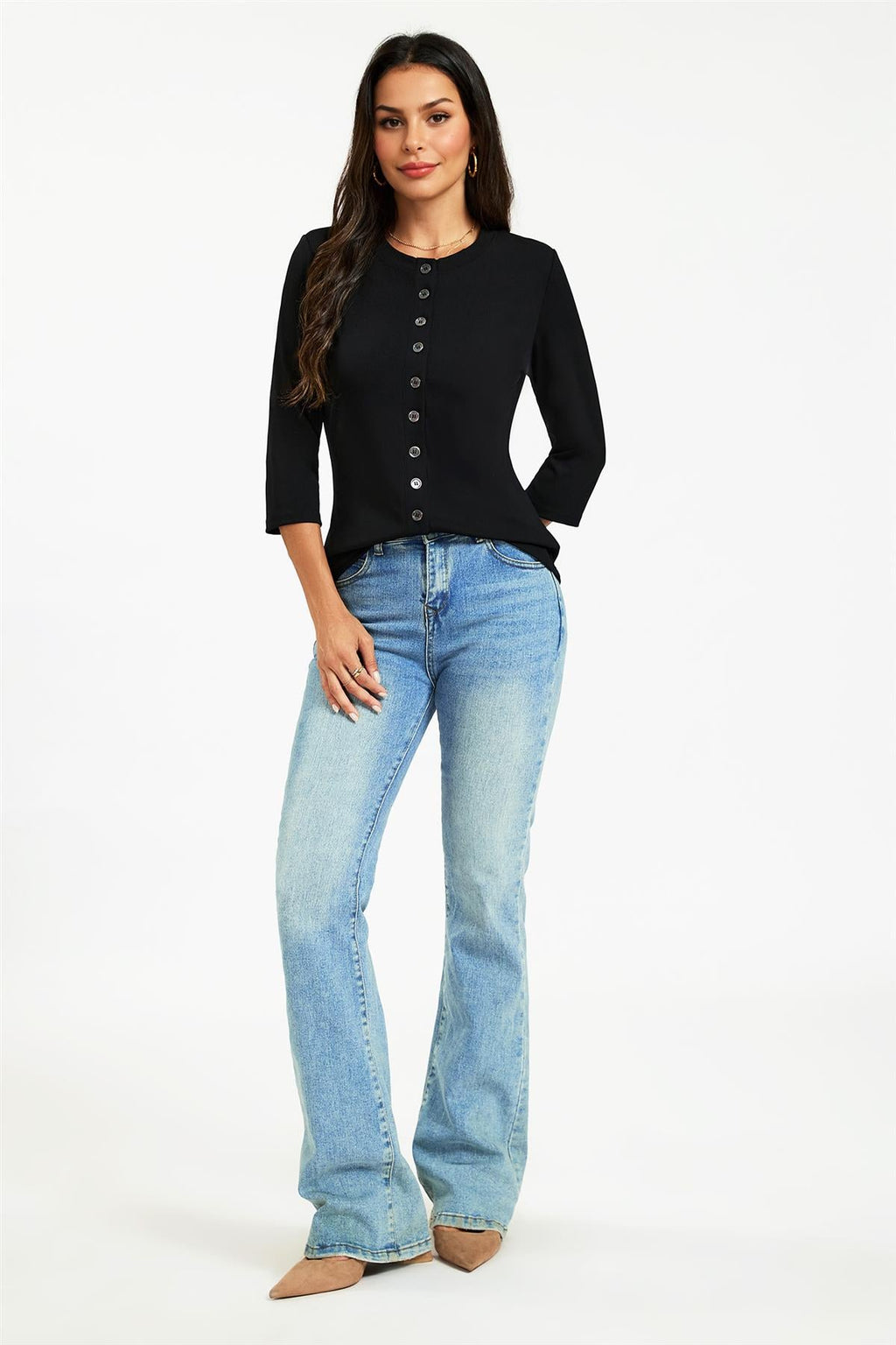 Button Through 3/4 Sleeve Jersey Cardigan Top Black