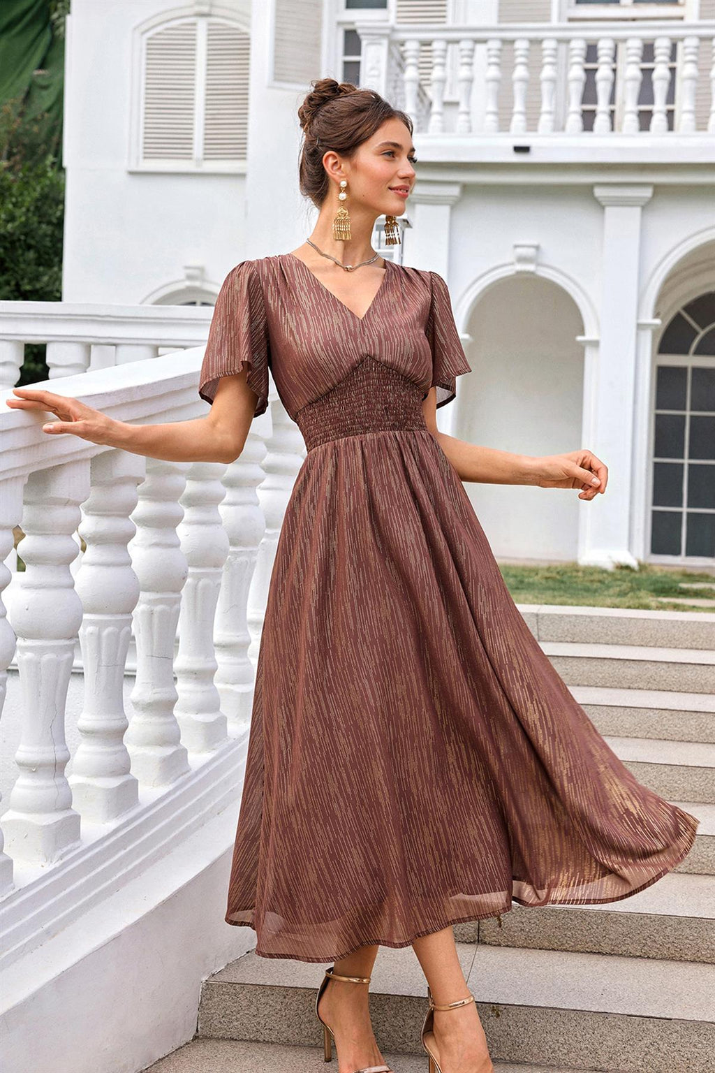 Angel Sleeve Gold Stripe Foil Midi Dress In Brown
