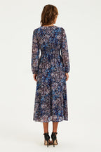 Gold Foil Abstract Print Long Sleeve Midi Dress In Navy