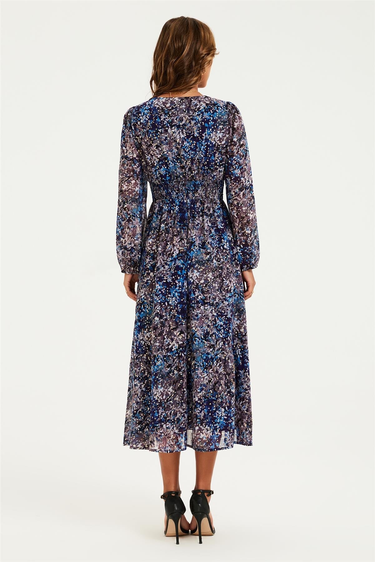 Gold Foil Abstract Print Long Sleeve Midi Dress In Navy