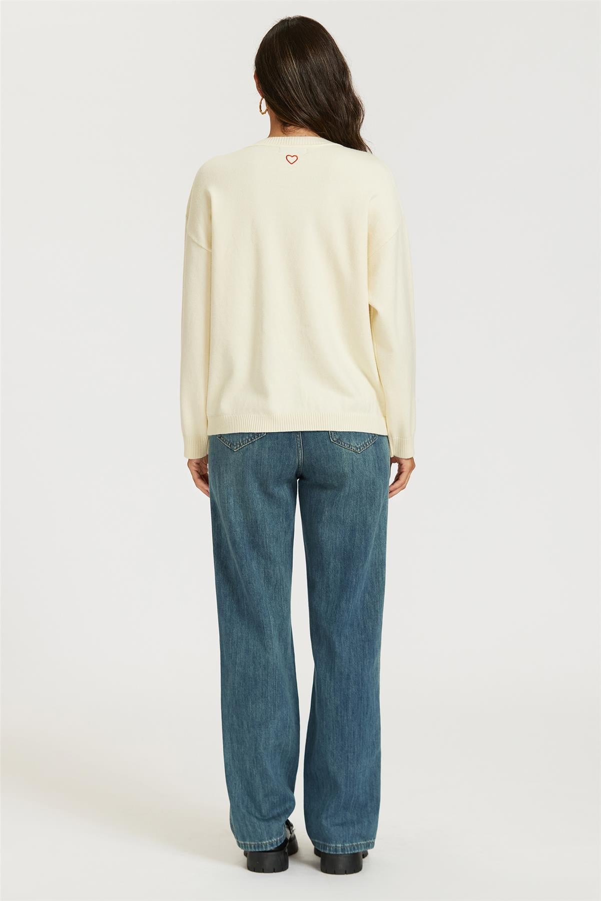 Heart Embroidered Knit Jumper Top In Cream