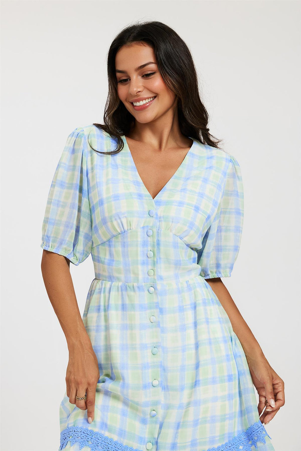 Gingham Lace Detail Mini Dress In Green