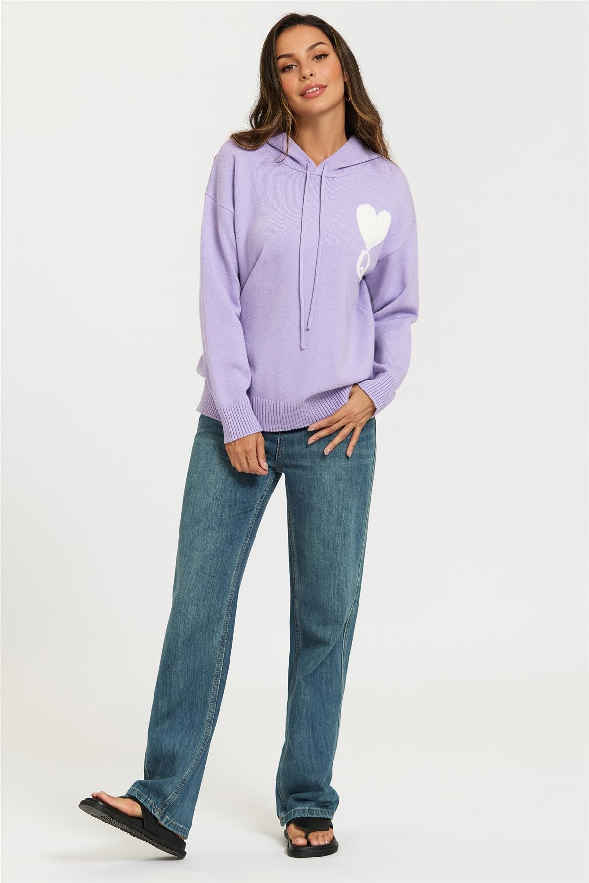 Heart & Q Pattern Knitted Hoodie In Purple