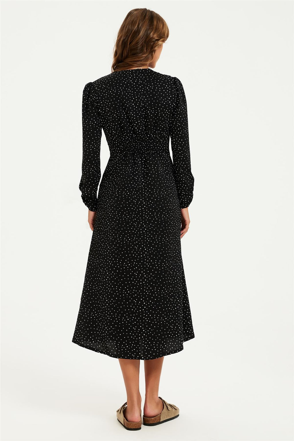 Dot Print Long Sleeve Button Front Midi Dress In Black