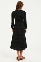 Dot Print Long Sleeve Button Front Midi Dress In Black