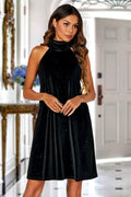 Silver Foil Velvet Halter Neck Tie Back Mini Dress In Black