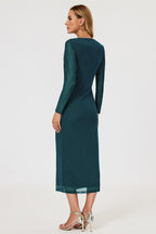 Long Sleeves Mesh Midi Dress In Teal