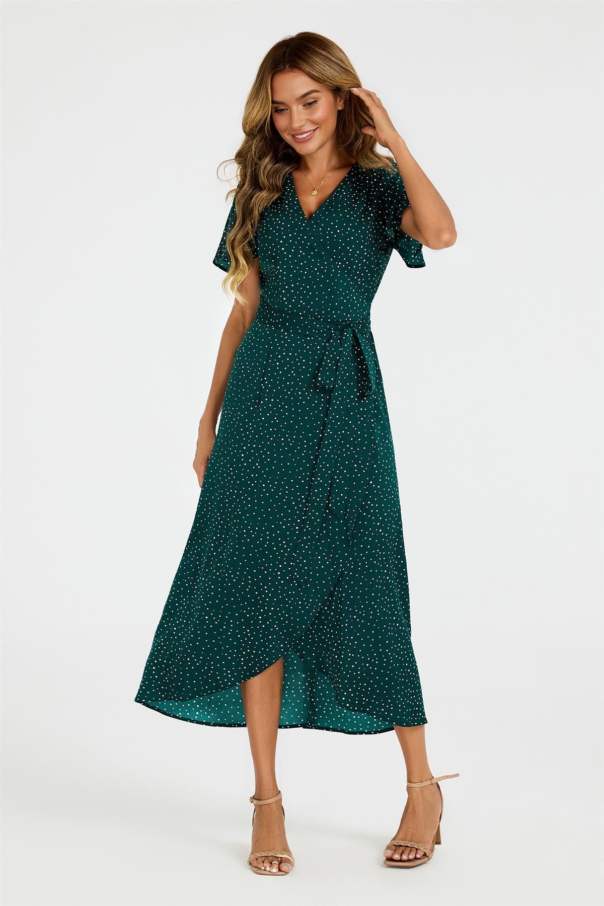 Polka Dot Print Wrap Dress In Green