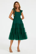 Sleeveless Smocked Ruffle Tulle Dress In Forest Green