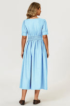 Puff Sleeve Button Down Denim Midi Dress In Light Blue