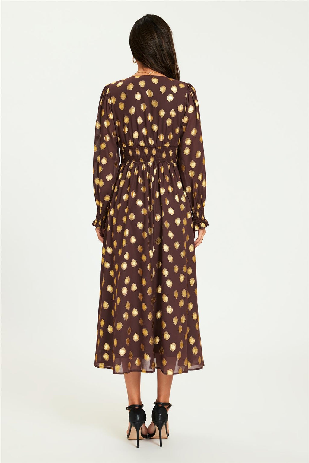 Gold Foil Long Sleeve Maxi Dress In Brown