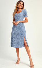 Little Flora Print Tie Front Slip Leg Dress In Blue