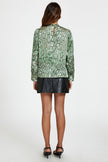 Animal Print Satin Long Sleeve High Neck Top In Green