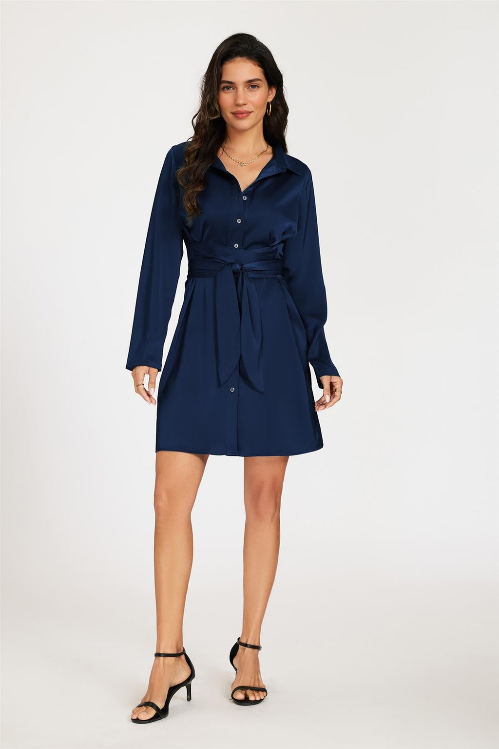 Satin Wrap Tie Mini Shirt Dress In Navy