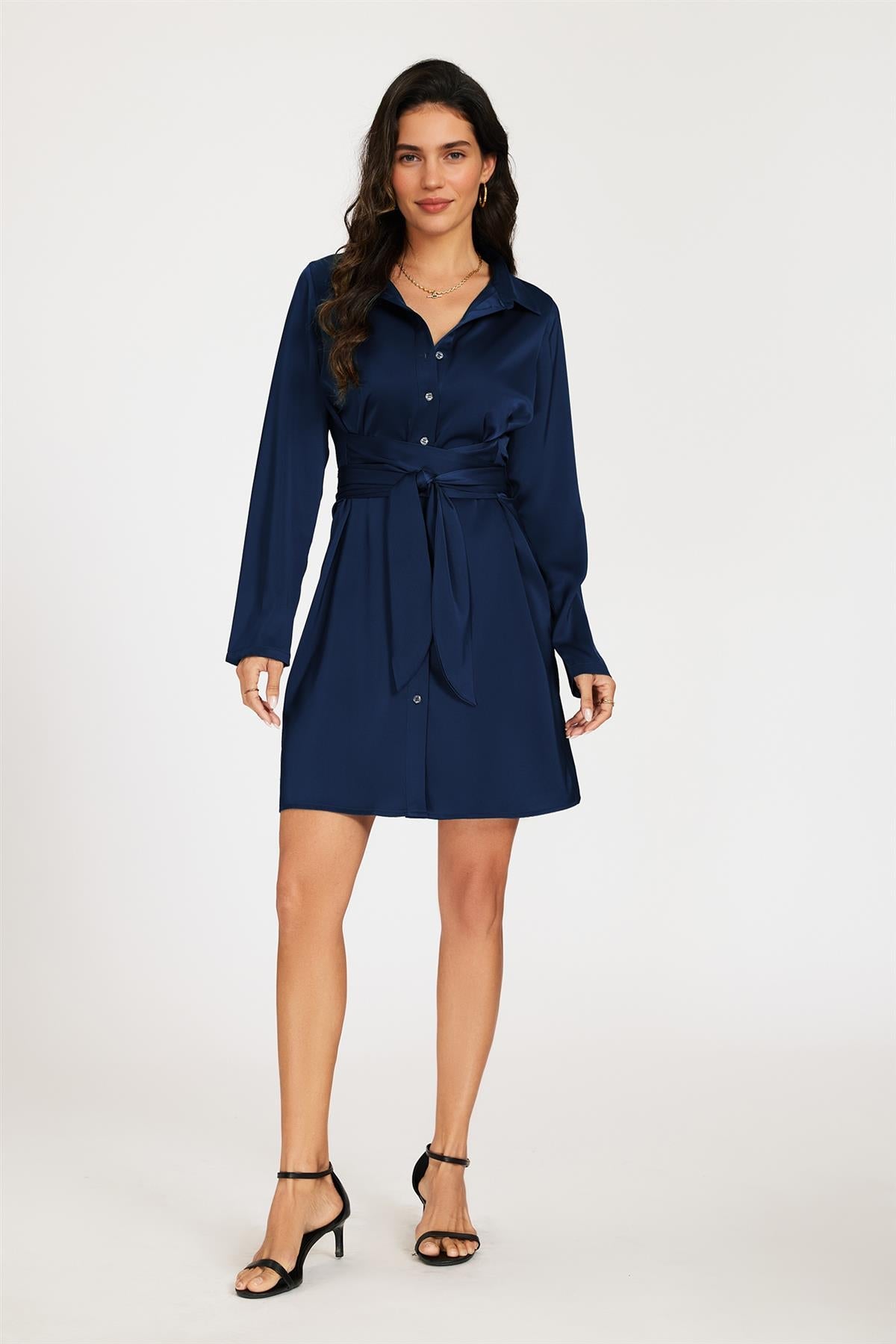 Satin Wrap Tie Mini Shirt Dress In Navy