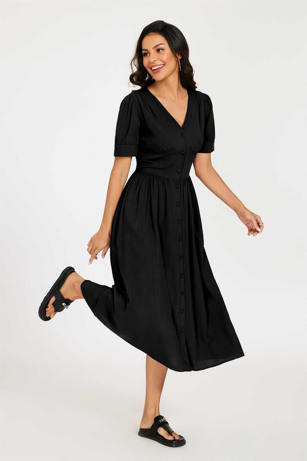 Button Front Short Sleeve Midi Dress In Black