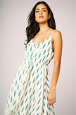 Green Leaf Print Button Down High Low Strappy Dress In White