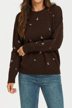 Embroidered Floral Knit Jumper Top In Brown