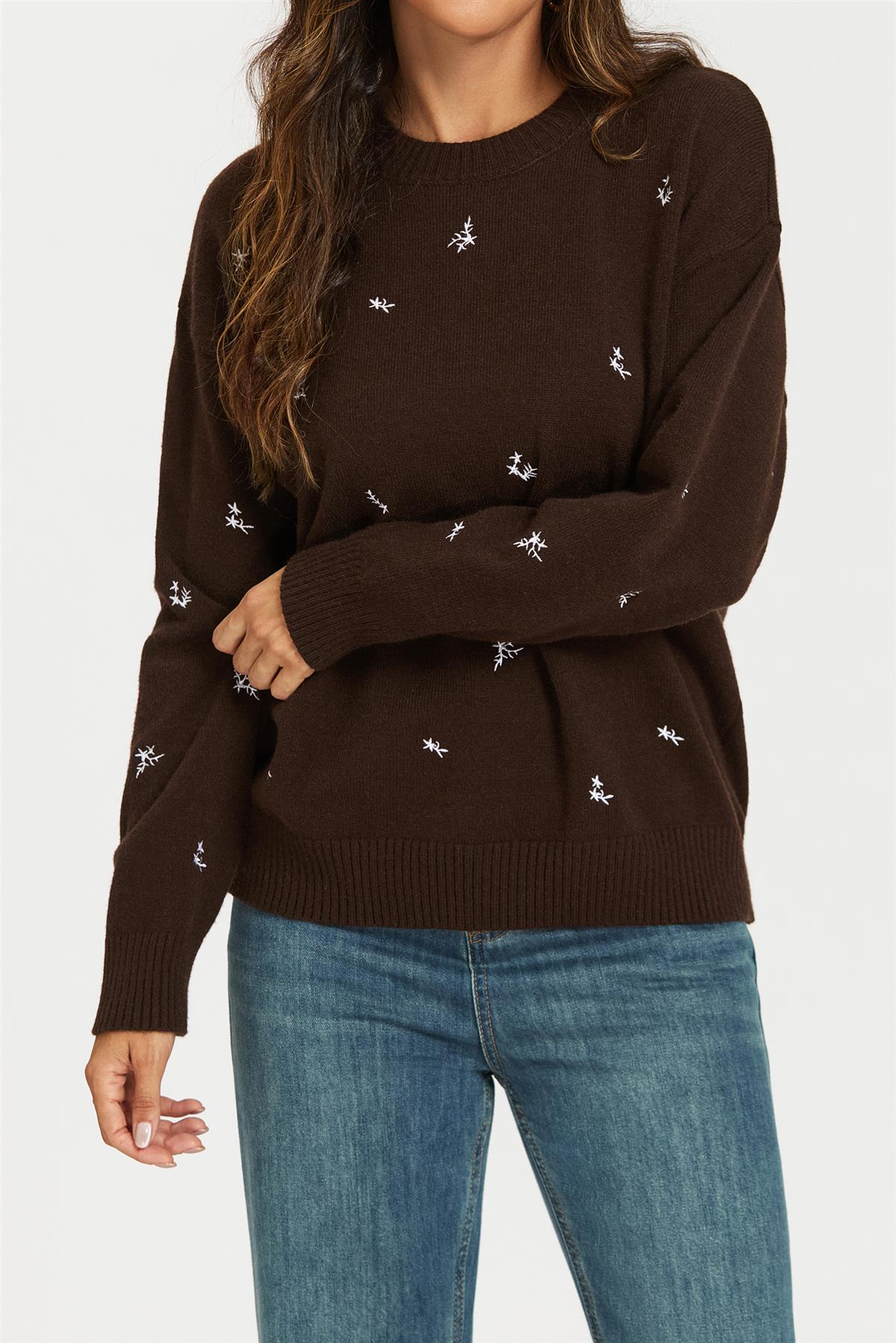 Embroidered Floral Knit Jumper Top In Brown