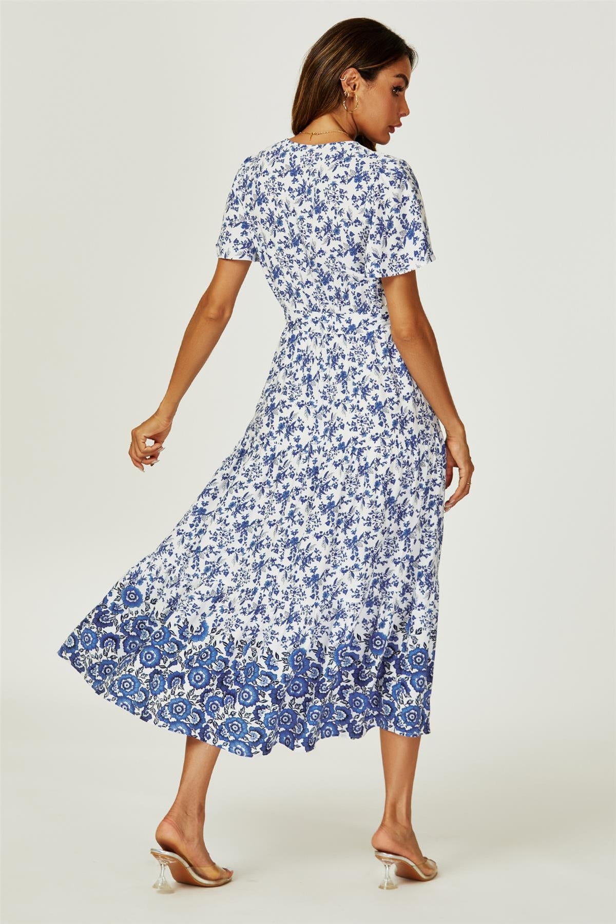 Floral Border Print Hem Tiered Midi Dress In White