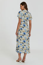 Floral Print Wrap Hem Midi Dress In Beige