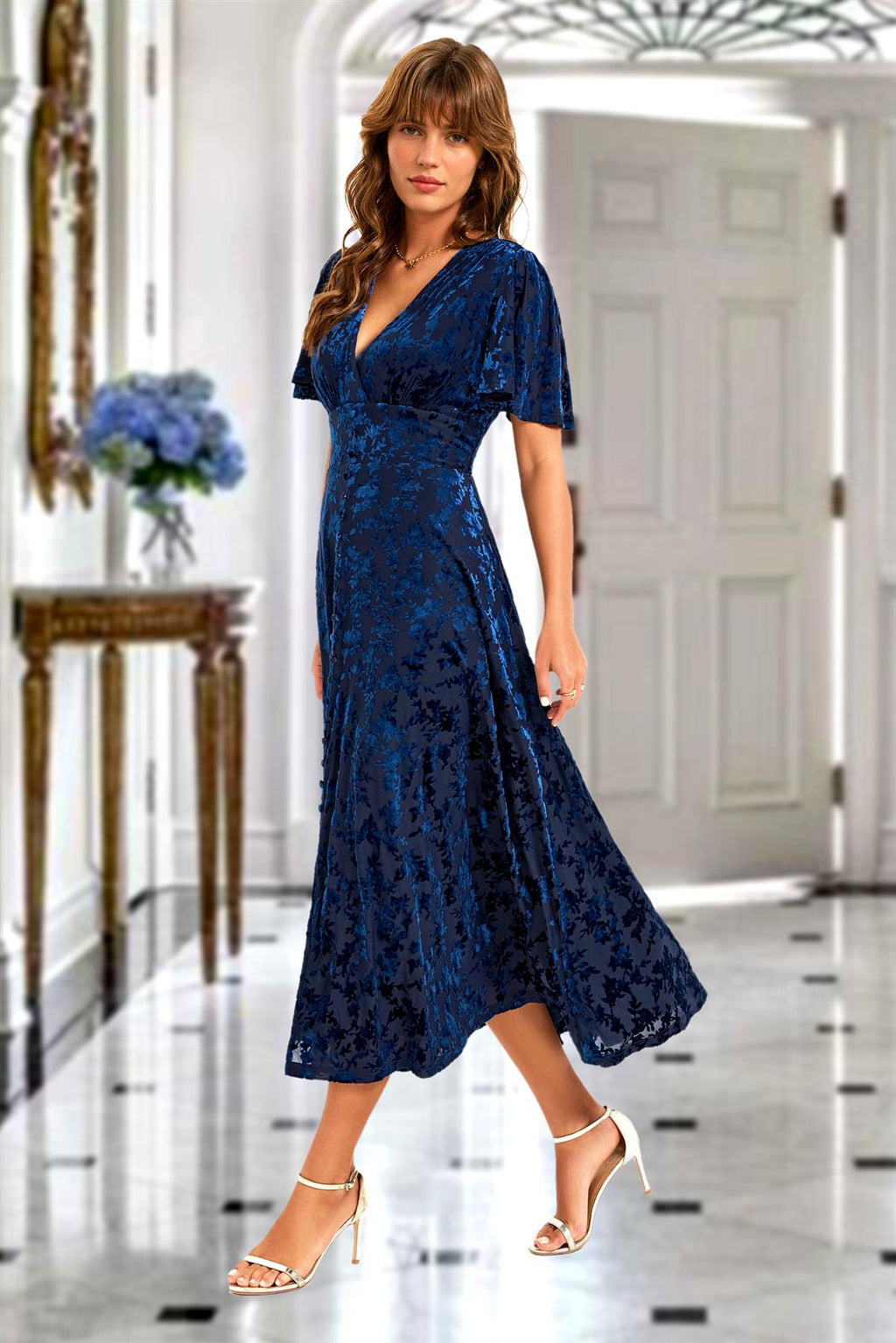 Floral Velvet Devore V neckline Dress In Navy