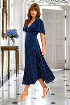 Floral Velvet Devore V neckline Dress In Navy
