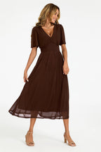 Flutter Sleeve Mesh Midi Dress In Brown