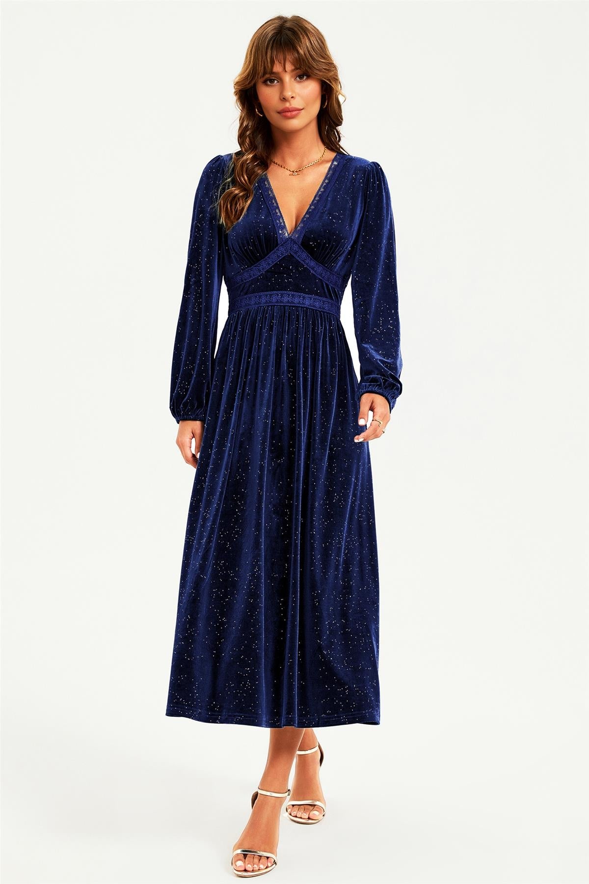Robe mi-longue en velours à col décolleté, dentelle et imprimé feuille d'argent, coloris marine
