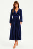 Robe mi-longue en velours à col décolleté, dentelle et imprimé feuille d'argent, coloris marine