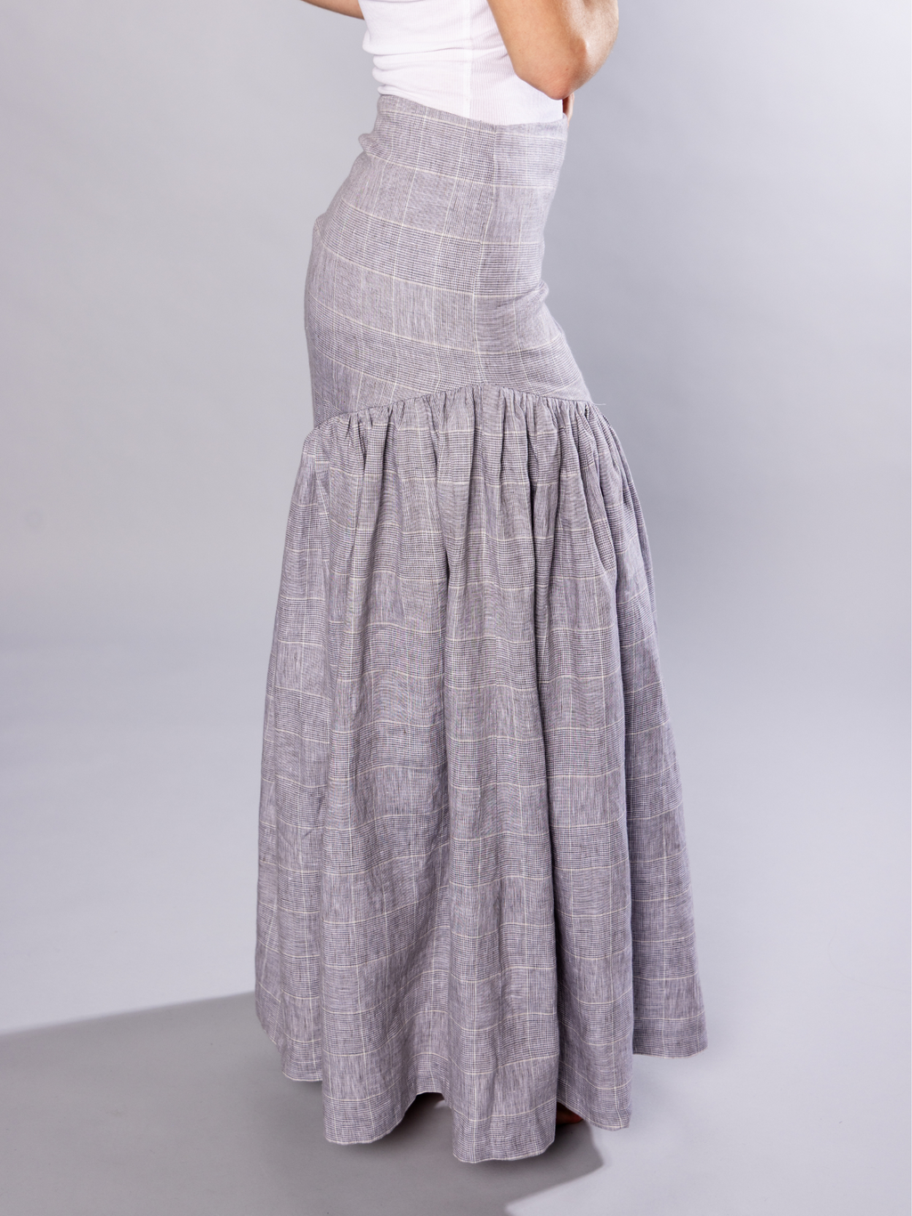 Gathered Maxi skirt Organic Grey check Linen – Hilda | No More Nobody