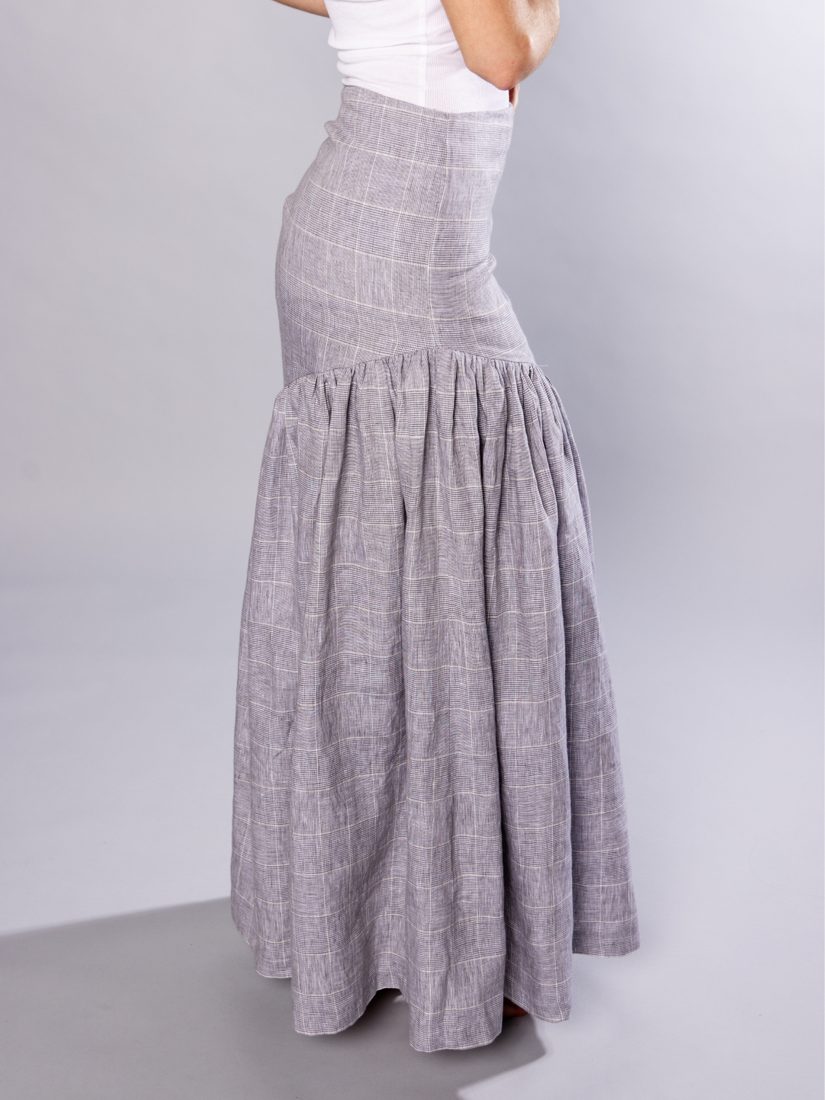 Gathered Maxi skirt Organic Grey check Linen – Hilda | No More Nobody