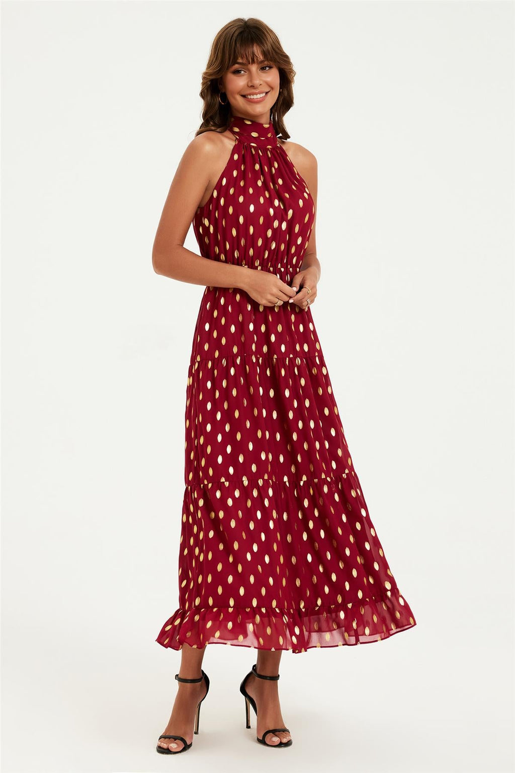 Gold Foil Halter Neck Tie Back Midi Dress In Wine