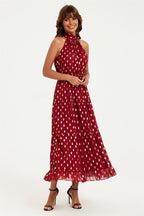 Gold Foil Halter Neck Tie Back Midi Dress In Wine