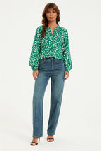 Brushstroke Print long sleeve Blouse Top In Green