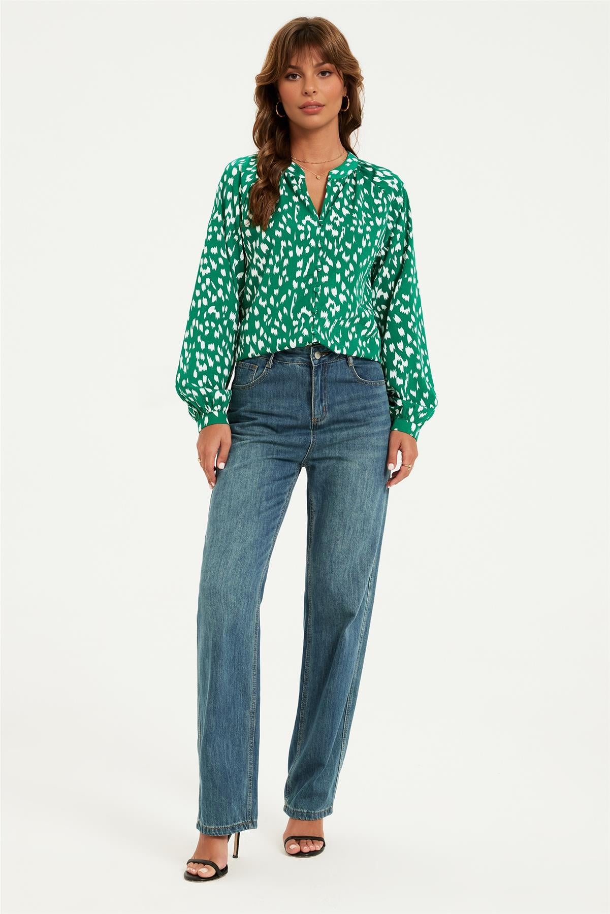 Brushstroke Print long sleeve Blouse Top In Green